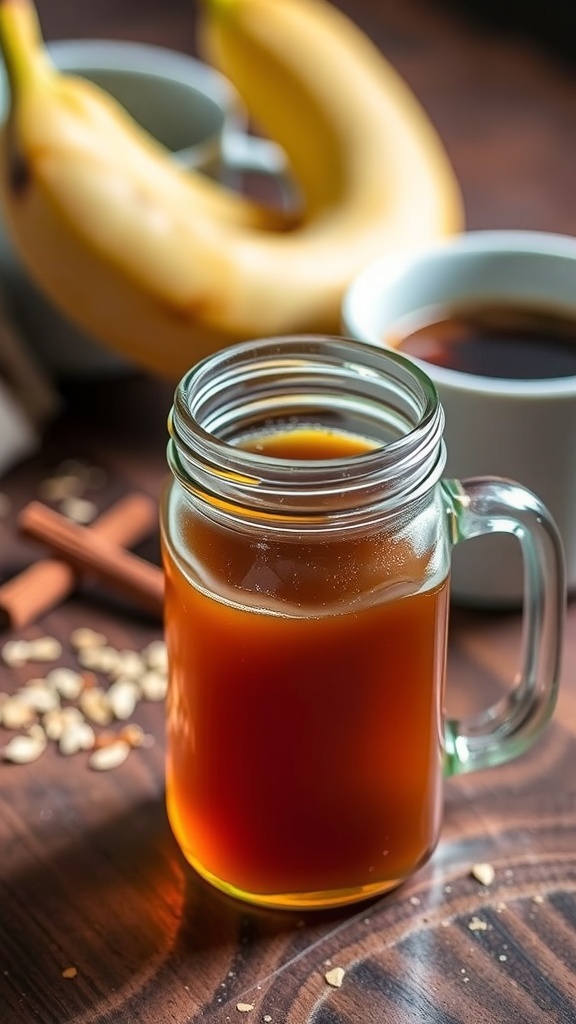 A jar of banana bread coffee syrup next to a cup of coffee and ripe bananas on a wooden table.